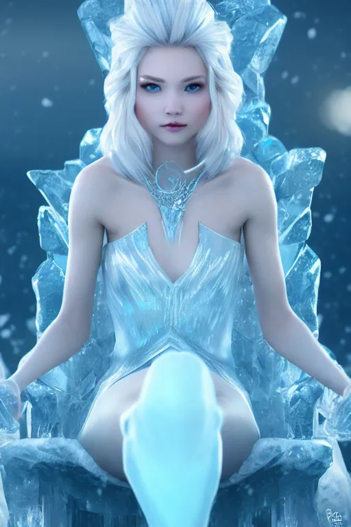 Image similar to Beautiful Ice Princess!! sitting on an ice throne legs crossed, arms resting on throne, no shoes, frost, fantasy, elegant, artstation, hard focus, octane render