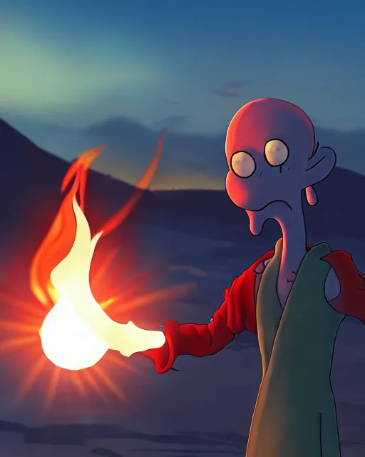 Prompt: squidward tentacles wearing fire nation clothing and practicing firebending outside at susnset. volumetric lighting