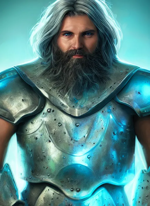 Image similar to an epic fantastic realism comic book style portrait painting of an aasimar paladin, male, shaggy silver hair, short brown beard, d & d concept art, unreal 5, daz, teal aesthetic, octane render, cosplay, rpg portrait, dynamic lighting