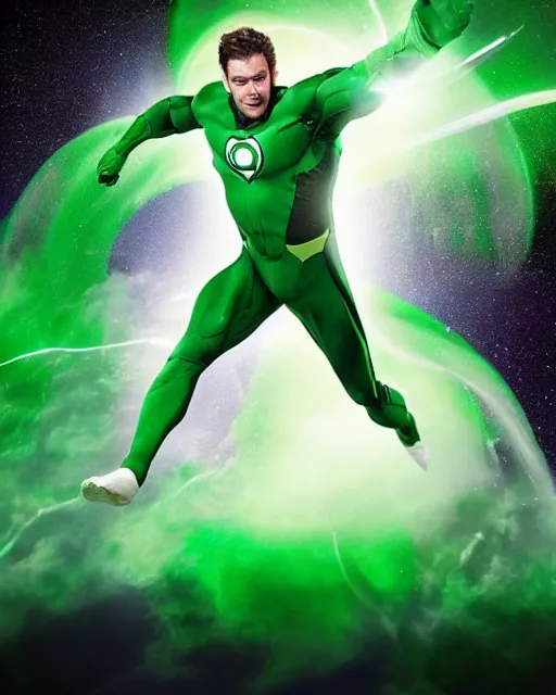 Image similar to photos of actor Christopher Reece as a Green Lantern soaring thru outer space, photogenic, spit-curl in hair, particle effects, photography, studio lighting, cinematic