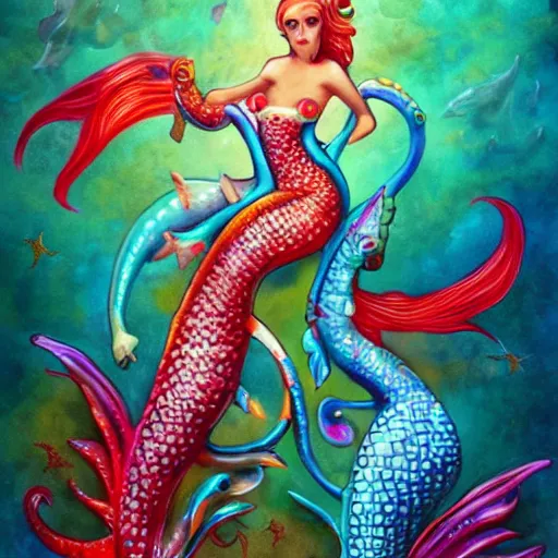 Image similar to merfolk riding seahorses, trending on artstation, colorful, intricate, art by aurore folny and ekaterina burmak