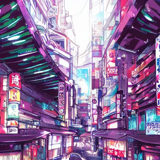 Image similar to anime style concept art of magical tokyo city, thick painting