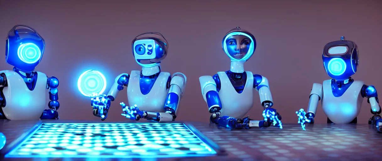 Image similar to a highly detailed photo of two futuristic matte blue full humanoid robots with glowing led eyes and chrome accents, sitting on large midcentury recliners facing off in an intense game of checkers. cinematic movie photograph, cinematic lighting, arri alexa, extremely detailed, smooth, very very clean, 8 k, octane render, maya render, unreal engine, trending on artstation, dslr