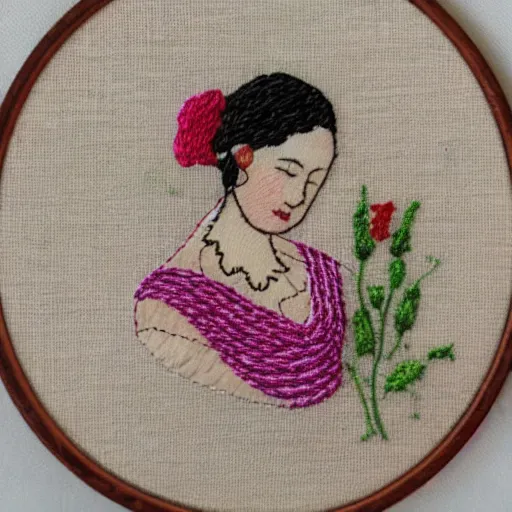 Prompt: a tiny beautiful handmade embroidery of a woman. hand embroidery.