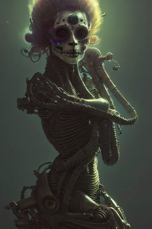 Image similar to ultra detailed female android ragamuffin, stray dog, scifi, fantasy, octane render, ( dia de los muertos ), asymmetrical, intricate concept art, art by godmachine and michael welan and dzo and greg rutkowski and alphonse mucha and loish and wlop