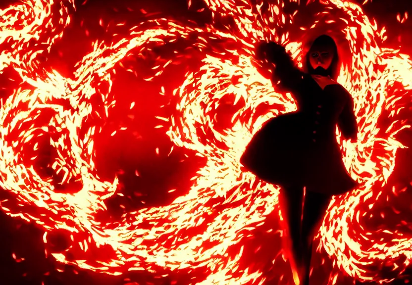 Image similar to low angle shot of a Woman made of black flames, wearing a strict business suit, with no face, with no mouth, with glowing red eyes, with a red halo over her head, with red halo, growing out of a giant rose, rose petals flying in the wind, war, authoritarian, tense, madness combat, strong dramatic cinematic lighting , blood red sky, grey skin, smooth, sharp focus, extremely detailed, illustration, digital painting, artstation, museum, sharp focus, by Godmachine and Caravaggio