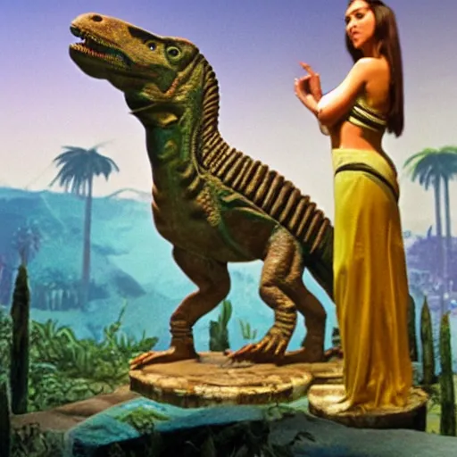 Prompt: cleopatra living with the dinosaurs