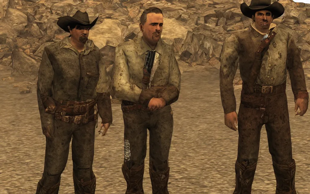 Image similar to young Lech Wałęsa as a cowboy npc character in fallout new vegas,