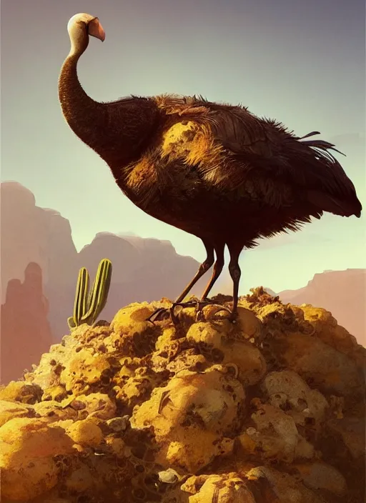 Prompt: A dodo bird perched atop a cactus in the desert, digital art, trending on Artstation, high detail, sharp focus, illustration, art by artgerm and greg rutkowski and alphonse mucha.