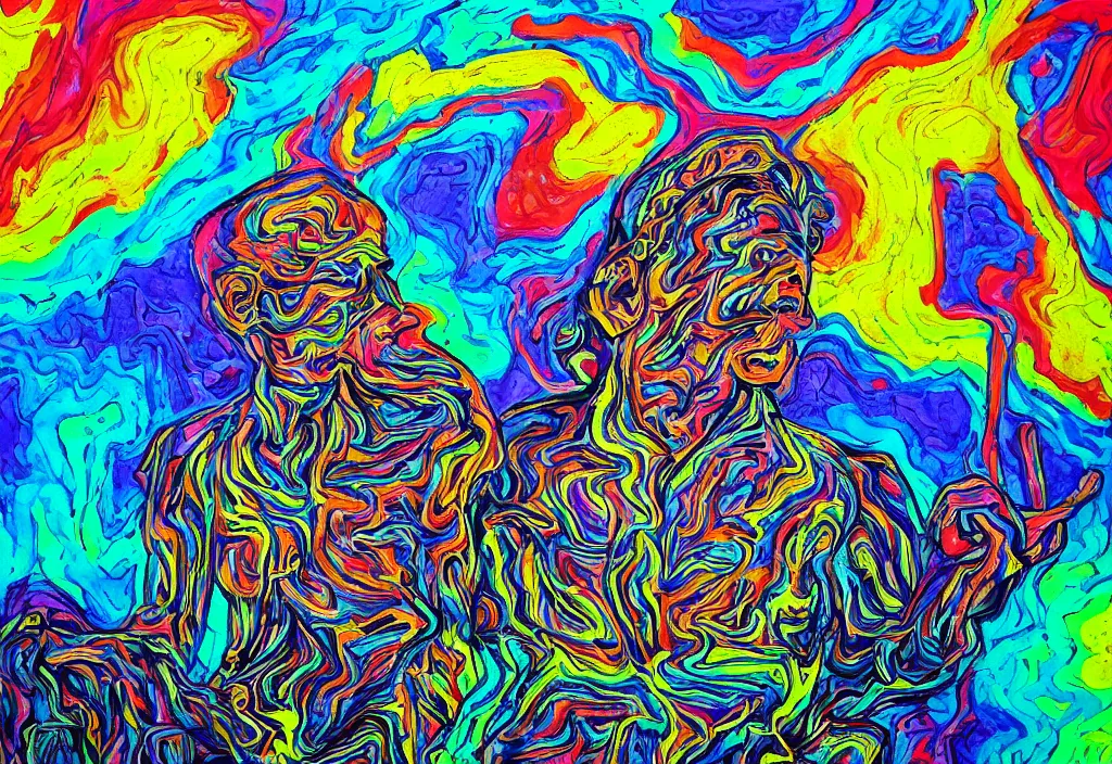 Image similar to psychedelic man on top of a mountain