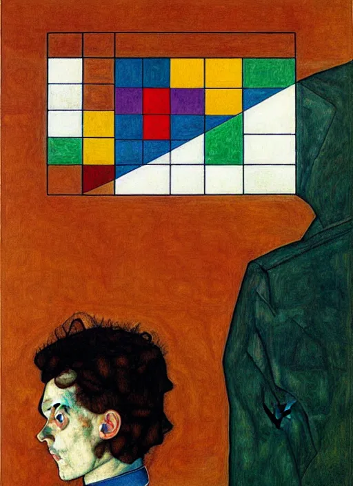 Image similar to creative coder with a computer in geometric harmony, by egon schiele and quint buchholz, portrait, colorful, escher, detail