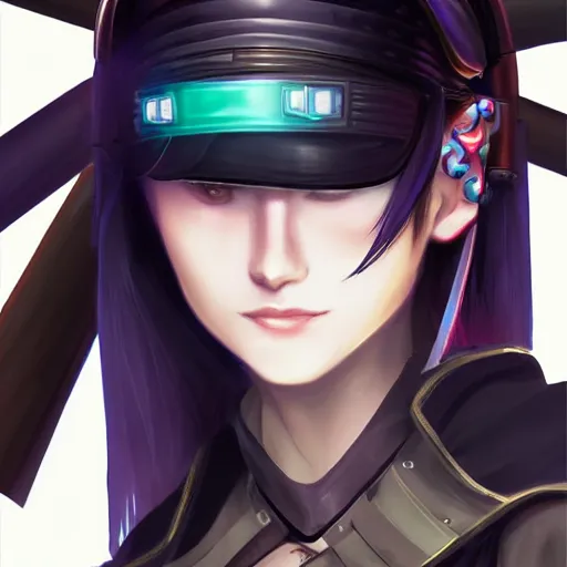 Image similar to closeup of a young cyberpunk samurai lady wearing a visor, digital painting, anime style, Artstation, by Artgerm