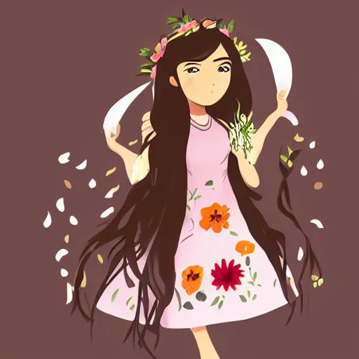 Prompt: hispanic girl with long brown hair, flower dress, face, sticker, emoji, white background, by rossdraws, ghibli