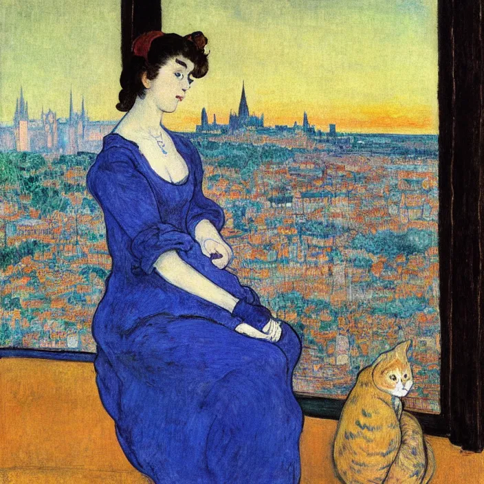 Image similar to portrait of woman in night gown with cat, with city with gothic cathedral seen from a window frame with curtains. sunset. lapis - lazuli, malacchite, turquoise, indigo. lucas cranach, bonnard, henri de toulouse - lautrec, utamaro, matisse, monet