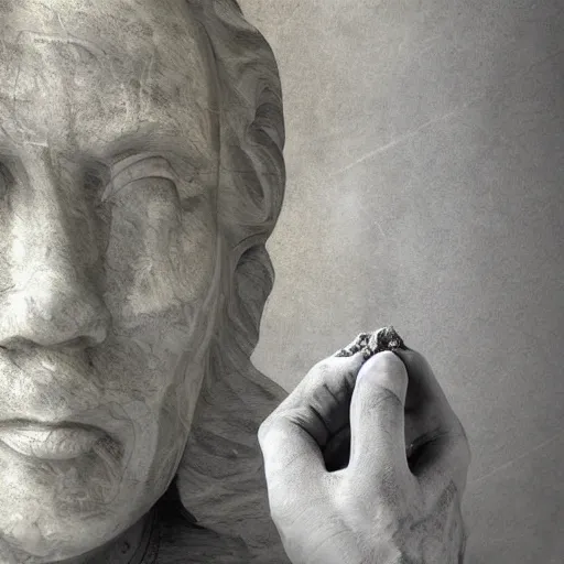 Prompt: A print. A rip in spacetime. Did this device in his hand open a portal to another dimension or reality?! marble statue, gray by Frank Lloyd Wright unplanned, distorted