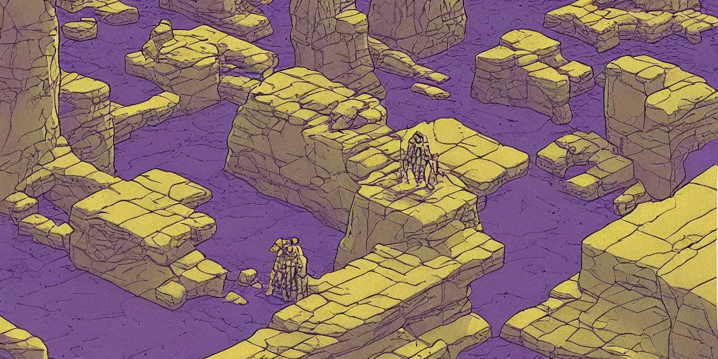 Prompt: isometric science fiction art of a rocky landscape. isometric perspective. science fiction art. alien world. moebius