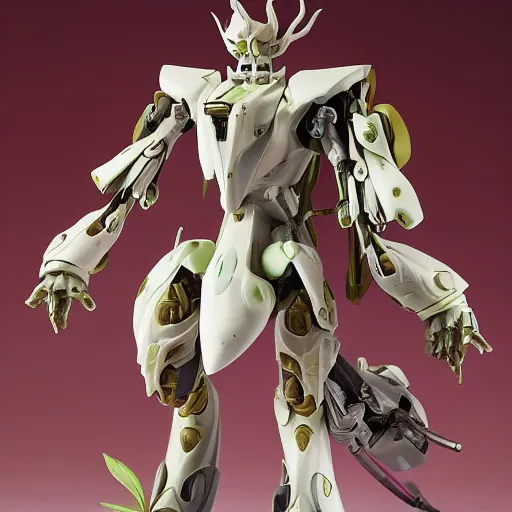 Image similar to futuristic trichosanthes mecha snake gourd body, sepals forming helmet, floral details, trichosanthes, 8 k hd resolution, barbatos gundam with floral inlay, bandai box art, star wars, makoto kobayashi, frank gehry, raymond swanland