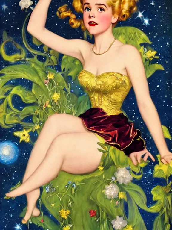 Image similar to kiernan shipka as tinkerbell, a beautiful art nouveau portrait by Gil elvgren, moonlit starry sky environment, centered composition, defined features, golden ratio, gold jewlery