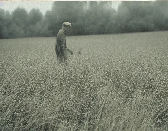 Prompt: long grass field with figure film still 1 9 9 2, overexposed muted colors