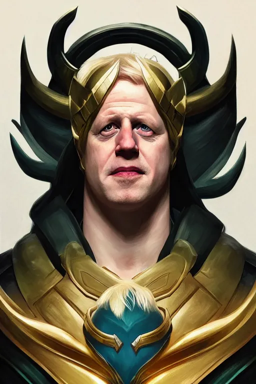 Image similar to Boris Johnson as Loki, realistic portrait, symmetrical, highly detailed, digital painting, artstation, concept art, smooth, sharp focus, illustration, cinematic lighting, art by artgerm and greg rutkowski and alphonse mucha