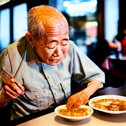 Prompt: an old japanese man eating ramen noodles in a restaurant, photorealistic