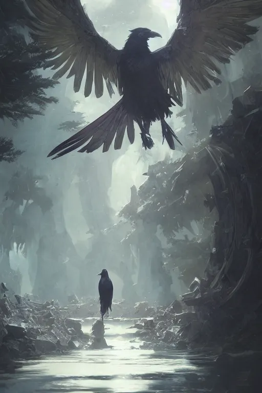Image similar to highly detailed anime visual key of a raven presenting academic thesis, 4 k, unreal engine, fantasy art by greg rutkowski, detailed and intricate environment pixiv, professional digital art