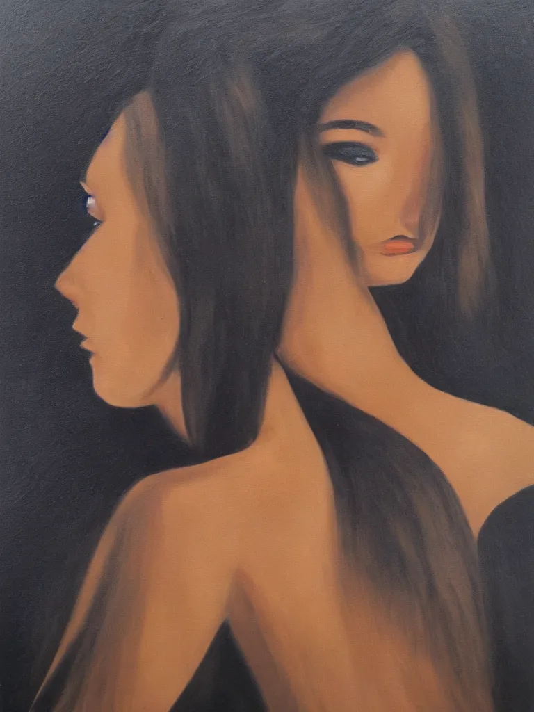 Image similar to portrait profile of one mysterious dark beautiful women in 1 9 7 8, femme fatale, oil painting by rene gruau