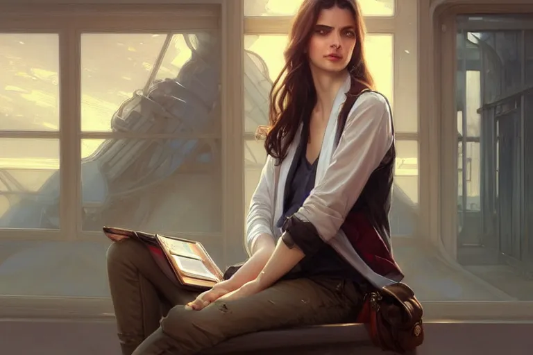 Image similar to Anxious pretty pale young arabian doctor wearing jeans at the airport, portrait, elegant, intricate, digital painting, artstation, concept art, smooth, sharp focus, illustration, art by artgerm and greg rutkowski and alphonse mucha