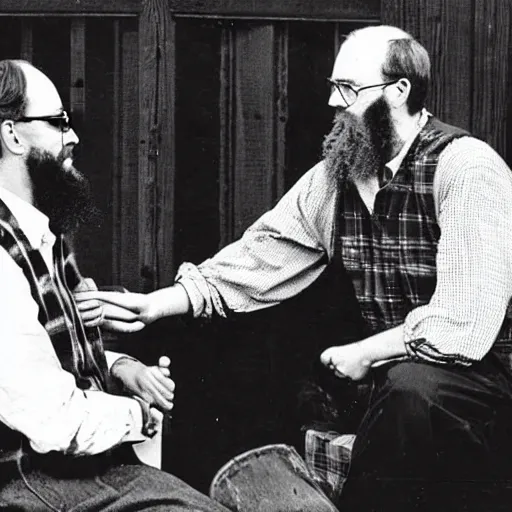 Prompt: historical photograph of 25 year old white man with brown beard wearing glasses and dressed in a red plaid shirt meeting theologian John Calvin