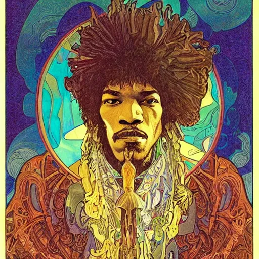 Image similar to artwork by Franklin Booth and Alphonse Mucha showing a portrait of Jimi Hendrix as a futuristic space shaman