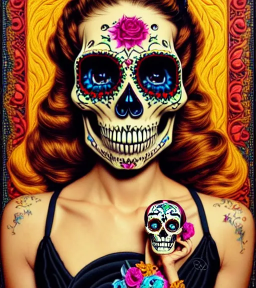 Prompt: a gorgeous fancy skull lady by dan mumford and gil elvgren, highly detailed, sugar skull, hyperrealism, intricate details, exceptional beauty, fool, pixel art, voxel, attractive, striking, lovely