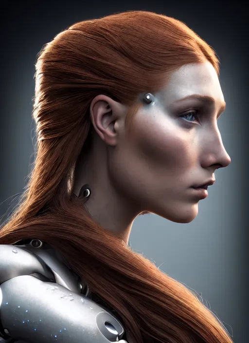 Image similar to a stunning young female cyborg profile face, by pre - raphaelite brotherhood, unreal engine, glamor shot, nikon d 7 5 0, closeup, f / 2. 8, low contrast, 1 6 k, rim lighting, optical fiber, cinematic lighting, insanely detailed and intricate, hypermaximalist, elegant, ornate, hyper realistic,