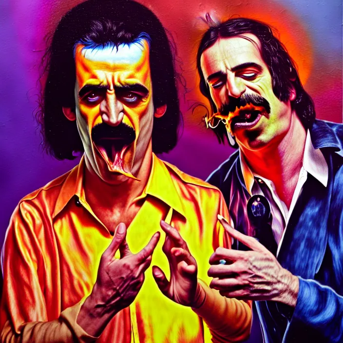 Prompt: bright psychedelic mike patton eating frank zappa who is puking hitler, puke, rotten, screaming, diffuse lighting, fantasy, intricate, elegant, highly detailed, lifelike, photorealistic, digital painting, artstation, illustration, concept art, smooth, sharp focus, art by francis bacon