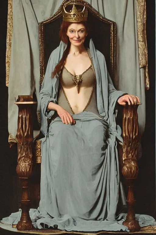 Image similar to jean marsh as medieval queen, sit on throne, bouguereau