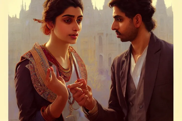 Image similar to Anxious good looking pale young Indian doctors arguing, portrait, elegant, intricate, digital painting, artstation, concept art, smooth, sharp focus, illustration, art by artgerm and greg rutkowski and alphonse mucha