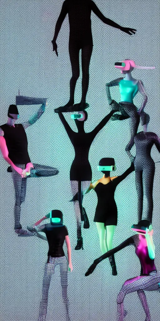Image similar to 3d matte render, VR goggles, mannequins, dj rave party, Hsiao-Ron Cheng, pastel colors, hyper-realism, pastel, polkadots, minimal, simplistic, amazing composition, vaporwave, wow, Gertrude Abercrombie, Beeple, minimalistic graffiti masterpiece, minimalism, 3d abstract render overlayed, black background, psychedelic therapy, trending on ArtStation, ink splatters, pen lines, incredible detail, creative, positive energy, happy, unique, negative space, pure imagination painted by artgerm