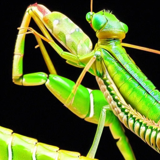 Prompt: centipede and praying mantis morphed together, half praying mantis and half centipede, realistic picture taken at zoo