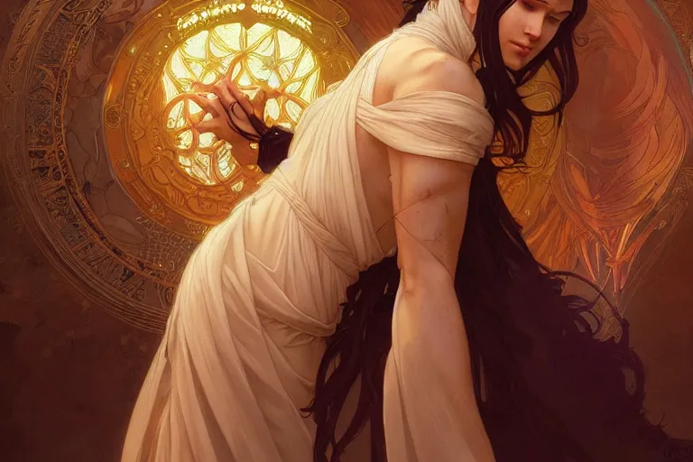 Prompt: the righteous female mage of god, deep focus, intricate, elegant, highly detailed, digital painting, artstation, concept art, matte, sharp focus, illustration, art by artgerm and greg rutkowski and alphonse mucha