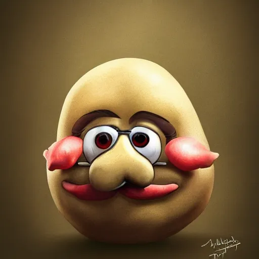 Image similar to teteaclaquestv mr potato head caricature, artgem, digital painting, color painting, hyperrealistic, concept art, oil painting, masterpiece, concept art, trending on deviantart, realistic and detailed face, highly detailed, high quality, 8 k, soft lighting, fancy colors, fantasy, cinematic, high coherence