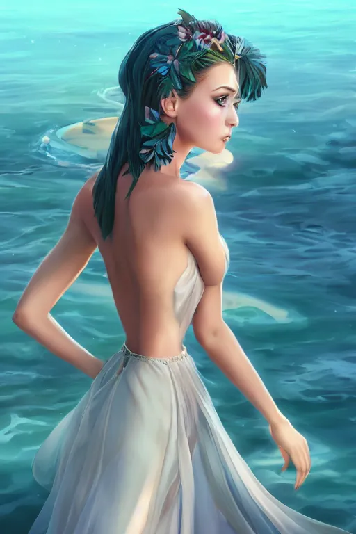 Image similar to a beautiful fashion goddness of love, chic strapless dress, tropical sea background, character design, in the style of artgerm, and wlop, cinematic lighting, hyperdetailed, 8 k realistic, symmetrical, global illumination, radiant light, frostbite 3 engine, cryengine, dof, trending on artstation, digital art