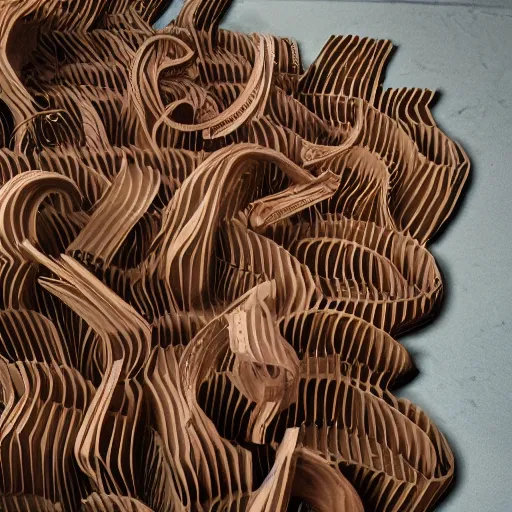 Image similar to tentacles made of brown corrugated cardboard, cut out of cardboard, realistic photography, fantasy