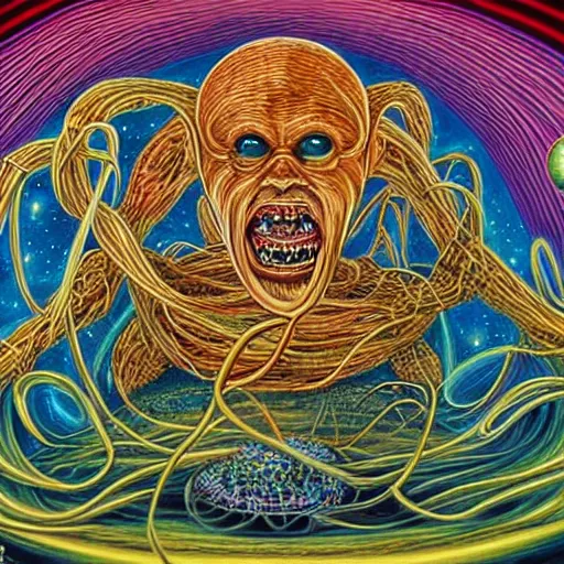 Image similar to krakken battling the spaghetti monster in outer space imagined by alex grey