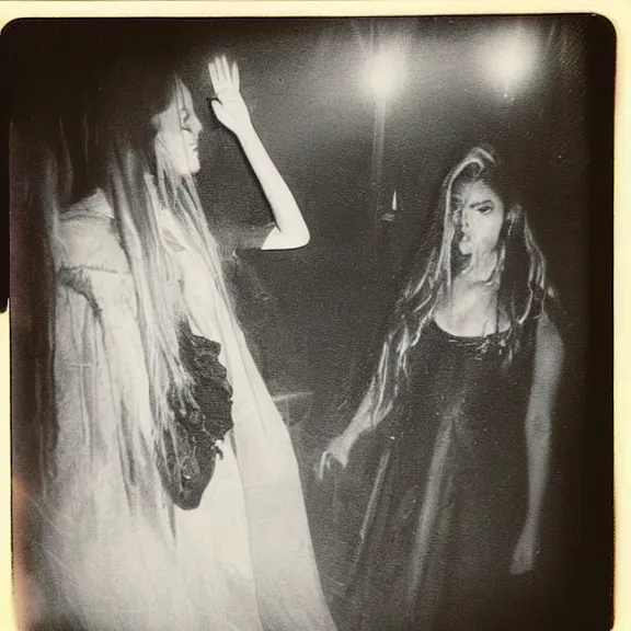 Prompt: a beautiful witch summoning a horrible demon, a polaroid photo taken by lucifer