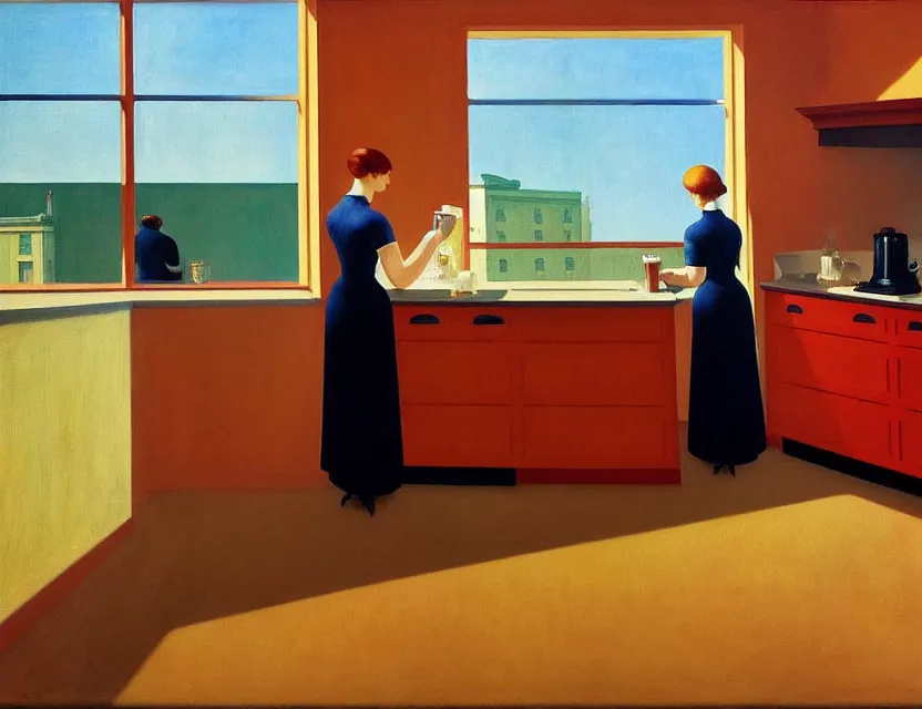 Image similar to a painting of a person drinking 1 0 cups of coffee into a droste effect, harsh monday mood in a kitchen that is slowly melting, styled and painted by edward hopper and magritte