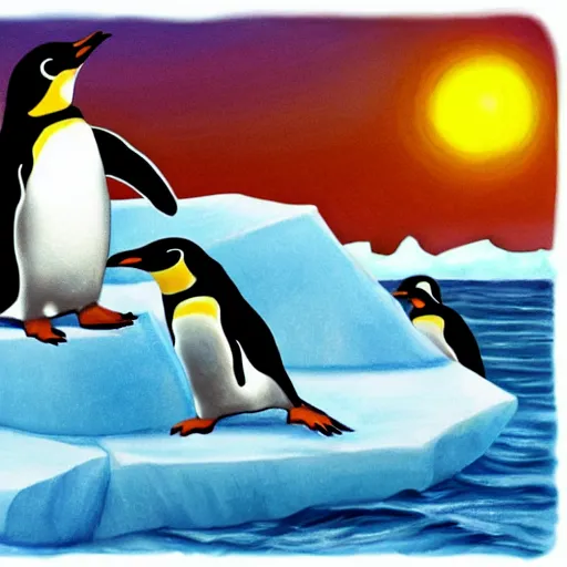 Prompt: penguins on an iceberg, cartoon by s. gross