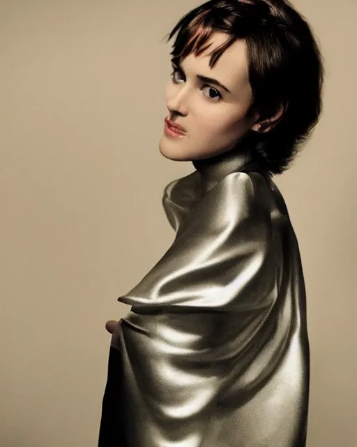 Prompt: young winona ryder wearing a futuristic metal kimono, half body portrait, greg kutkowski, sharp details, soft lighting, subsurface scattering, pearls of sweat, glistening skin, warm lighting