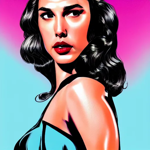 Image similar to portrait of gal gadot in the style of bill medcalf, retro, 4 k, detailed