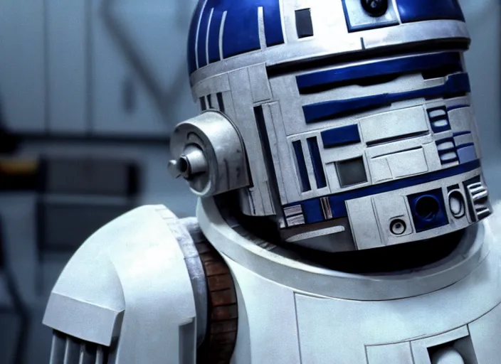 Image similar to screenshot of R2-D2 droid head mixed with an AT-AT hybrid, scene from the empire strikes back, 1980s film directed by Stanley Kubrick, cinematic lighting, kodak stock, hyper real, stunning moody cinematography, with anamorphic lenses, crisp, detailed portrait, 4k image