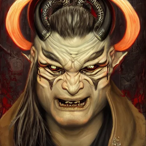 Prompt: portrait, cyberpunk japanese oni demon with horns, stern expression, long hair, highly detailed, digital painting, artstation, concept art, smooth, sharp focus, illustration, artgerm, tomasz alen kopera, peter mohrbacher, donato giancola, joseph christian leyendecker, wlop, frank frazetta