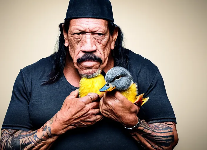Image similar to photo still of danny trejo at the county fair!!!!!!!! at age 5 6 years old 5 6 years of age!!!!!!!! holding a baby duck he won, 8 k, 8 5 mm f 1. 8, studio lighting, rim light, right side key light